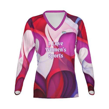 "I Love Women's Sports" Heart-Inspired LS V-Neck Tee You will feel alive in the "I Love Women's Sports" LS V-Neck Tee. Made from breathable & comfortable brush tricot fabric, and it will make you look fabulous! Women Go Swish