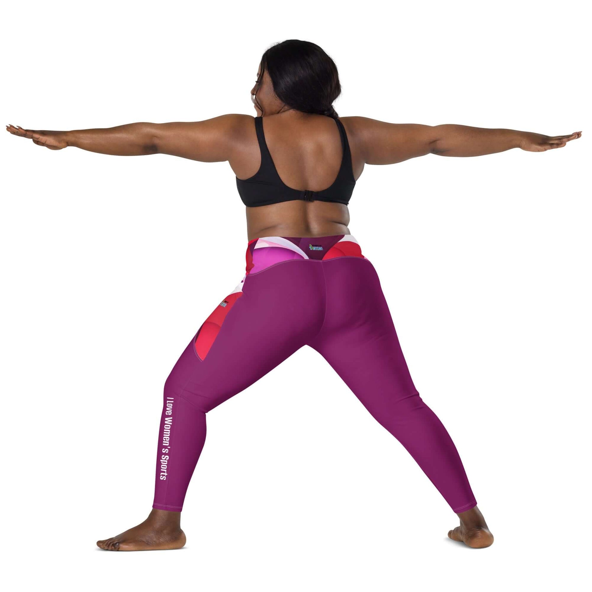 "I Love Women's Sports" Heart-Inspired Leggings with pockets Dazzling "I Love Women's Sports" leggings with a high-waisted design, two side pockets, & a semi-compressing fit. Wear your love for women's sports in style. Women Go Swish