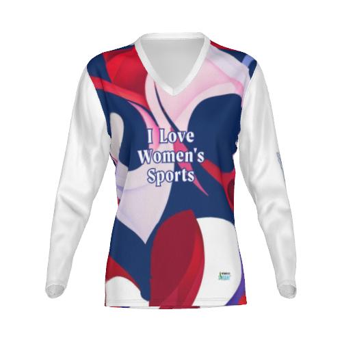 "I Love Women's Sports" Red, White, & Blue LUX Long Sleeve V-neck Tee