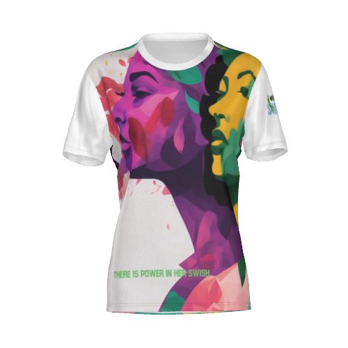 "Queens of Swish" Short Sleeve Tee All hail to the Queens of Swish! Celebrate the regality of a woman wearing Women Go Swish Athletic Wear! This stunningly beautiful tee is a powerful fashion statement. Crafted from brush tricot fabric with a cupped neckl