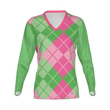 Pink and Green Argyle LS Lux V-Neck Tee