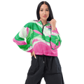 Pink and Green Swirl Warmup Jacket Add a pop of style to your activewear with the Pink and Green Swirl Warmup Jacket. This lightweight, waterproof windbreaker is the perfect outer layer for all your outdoor adventures, or even a casual meal out. Featuring
