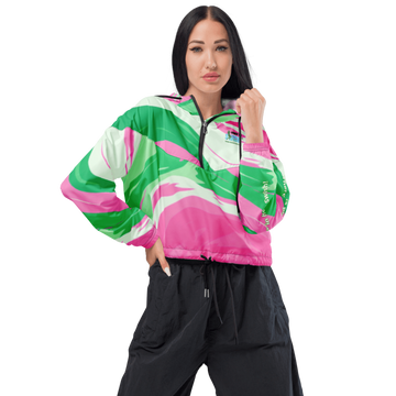 Pink and Green Swirl Warmup Jacket Add a pop of style to your activewear with the Pink and Green Swirl Warmup Jacket. This lightweight, waterproof windbreaker is the perfect outer layer for all your outdoor adventures, or even a casual meal out. Featuring