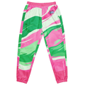 Pink and Green Swirl Warmup Pants Discover the ultimate workout and streetwear essential with our Pink and Green Swirl Warmup Pants! Made from a lightweight, water-resistant fabric and complete with a comfortable mesh lining, these pants are perfect for a