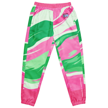 Pink and Green Swirl Warmup Pants Discover the ultimate workout and streetwear essential with our Pink and Green Swirl Warmup Pants! Made from a lightweight, water-resistant fabric and complete with a comfortable mesh lining, these pants are perfect for a