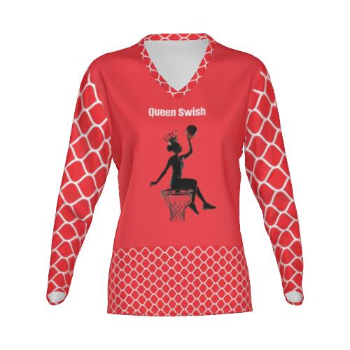 Queen Swish Red & White LS Logo V-Neck Lux Tee