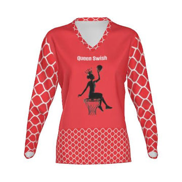 Queen Swish Red & White LS Logo V-Neck Lux Tee