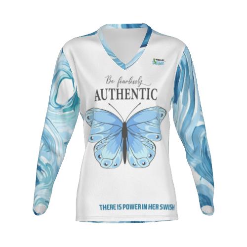 "The Butterfly" Long Sleeve Graphic Tee Exude the energy of a Butterfly in this Women Go Swish Long Sleeve V-Neck Graphic Tee. This fashion tee is a symbol of strength and authenticity for all women, no matter if they're playing sports or jet-setting thro