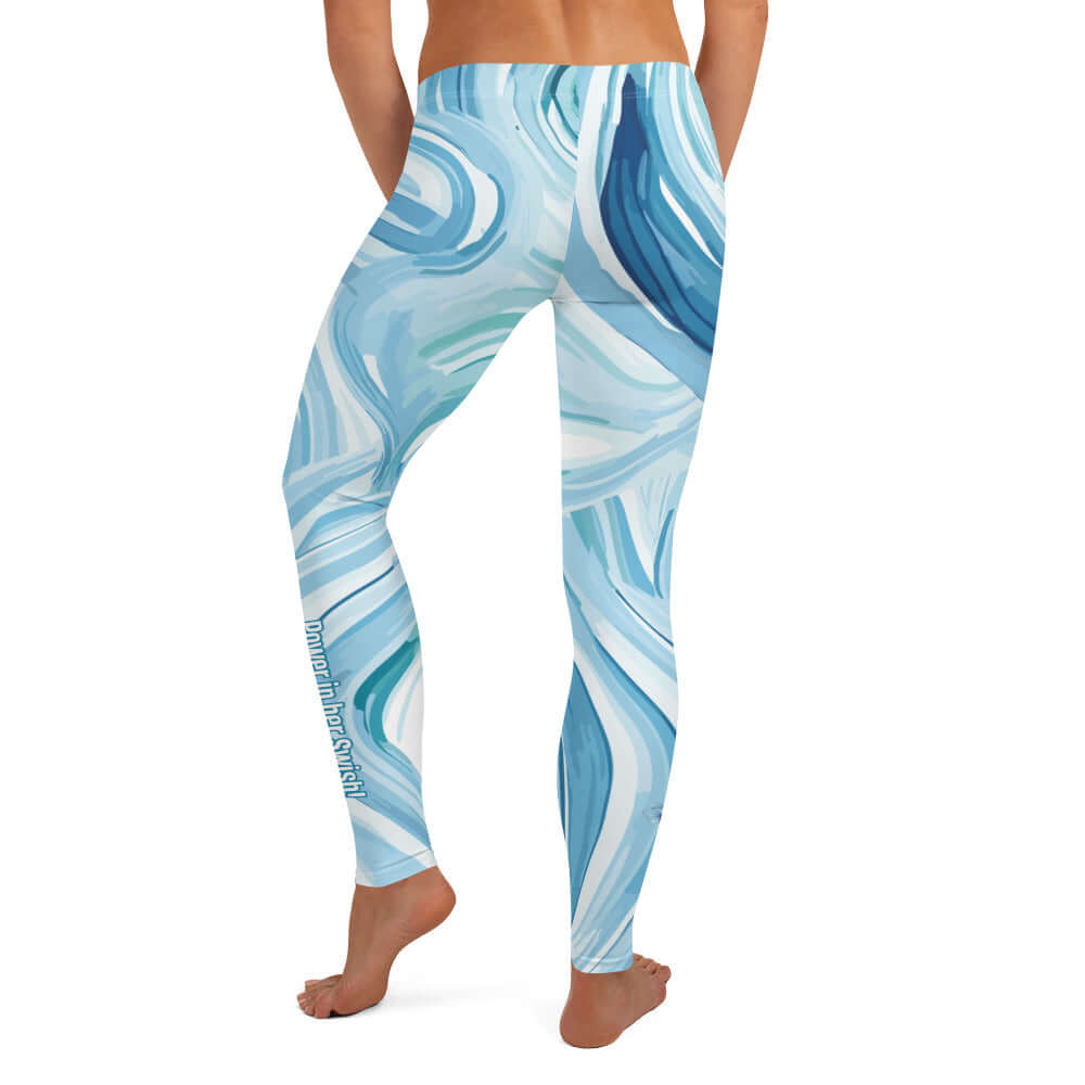 Blue Whirlwind Graphic Yoga Leggings Be comfortable in the Blue Whirlwind leggings made of polyester/spandex. They pair perfectly with the Blue Whirlwind Long Sleeve V-neck Tee. Women Go Swish