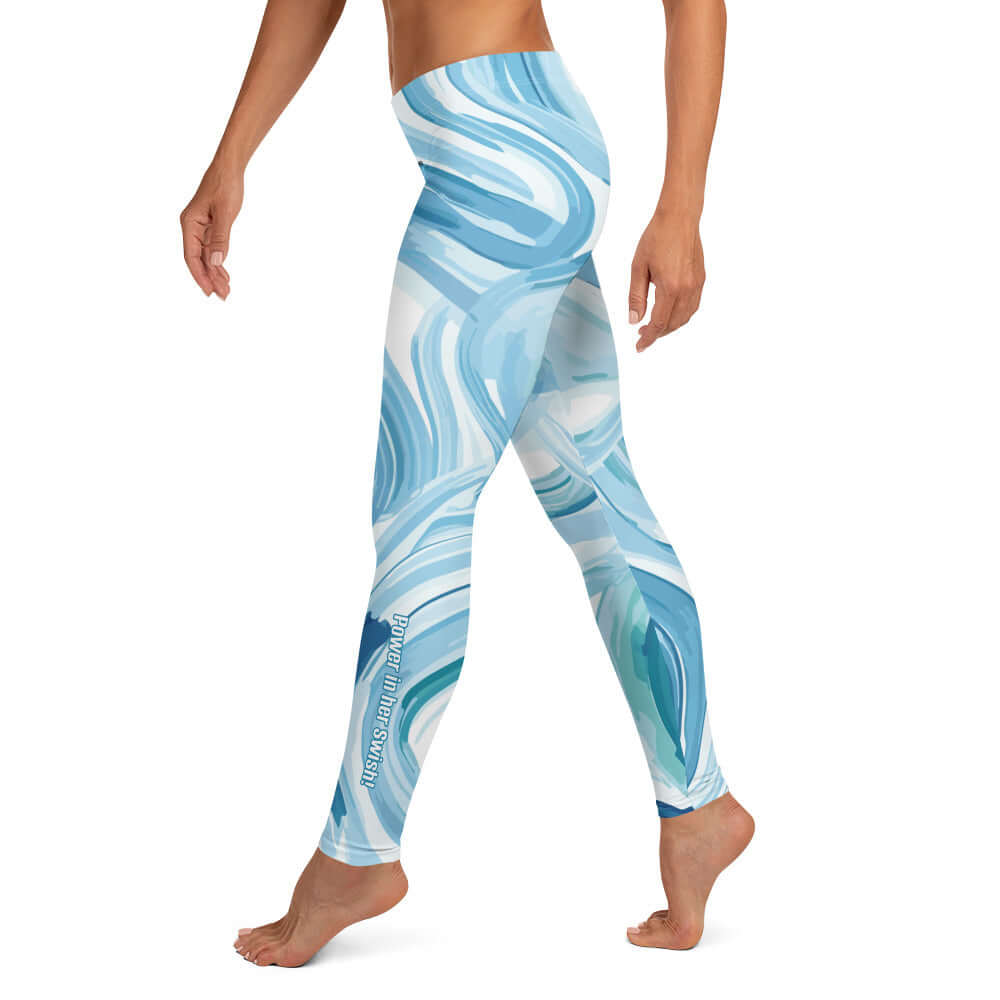 Blue Whirlwind Graphic Yoga Leggings Be comfortable in the Blue Whirlwind leggings made of polyester/spandex. They pair perfectly with the Blue Whirlwind Long Sleeve V-neck Tee. Women Go Swish