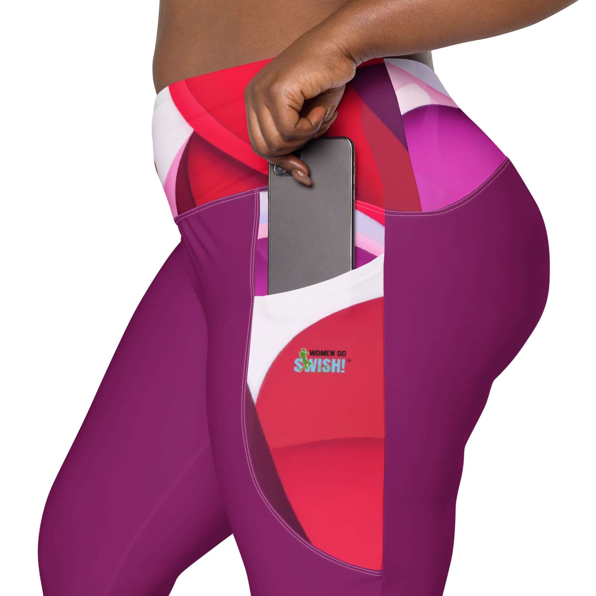 "I Love Women's Sports" Heart-Inspired Leggings with pockets Dazzling "I Love Women's Sports" leggings with a high-waisted design, two side pockets, & a semi-compressing fit. Wear your love for women's sports in style. Women Go Swish
