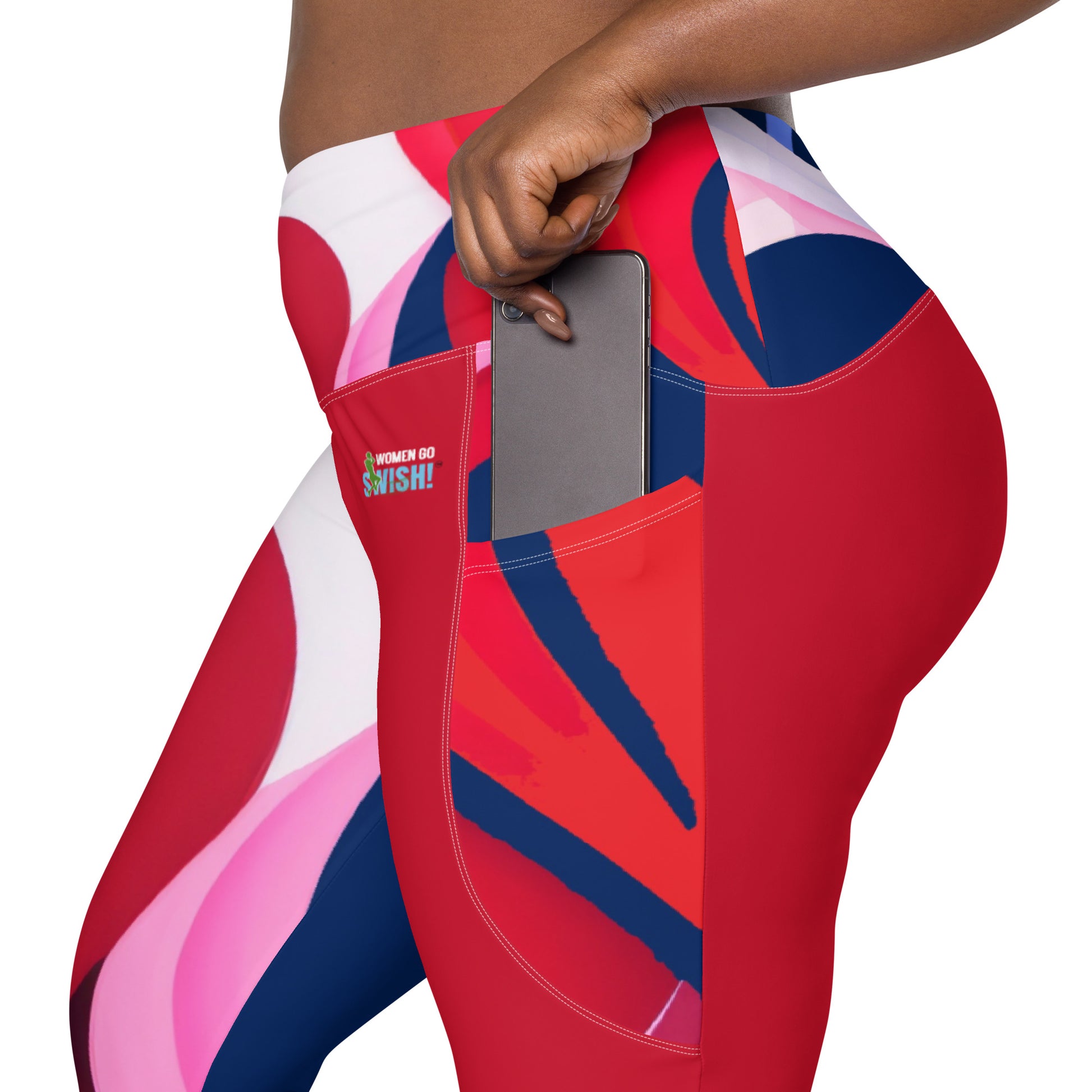 Love Women's Sports - Red, White, and Blue Leggings with pockets Salute your love for women's sports in the beautiful red, white, and blue "I Love Women's Sports" Leggings with pockets. Boasting a classic, high-waisted design and two convenient side pocke