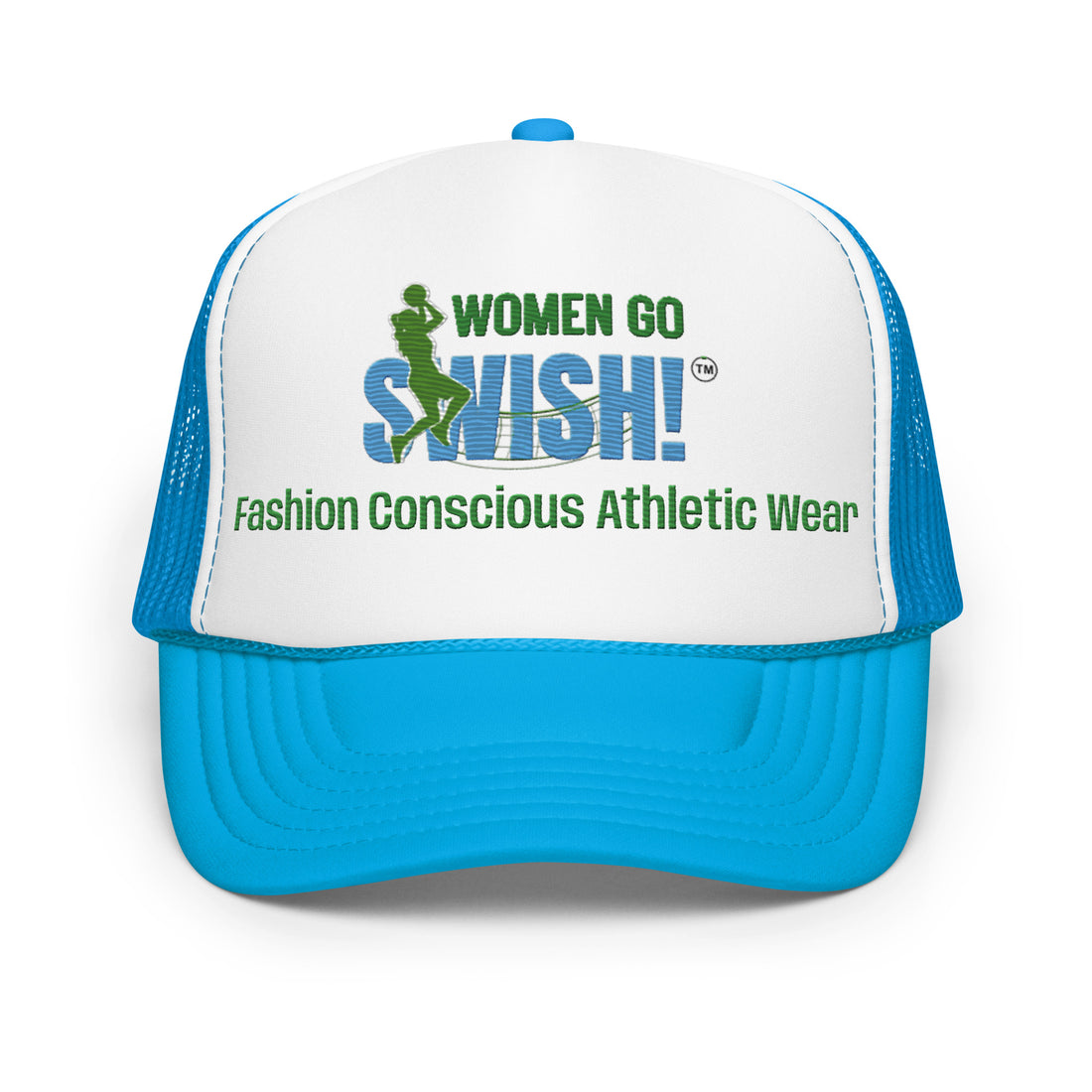 Women Go Swish Embroidered Trucker Hat Add a touch of fashion to your look with this stylish Women Go Swish embroidered foam trucker hat! Made with high-quality polyester and foam, it has a premium appearance and sensation. With an adjustable snap and mes