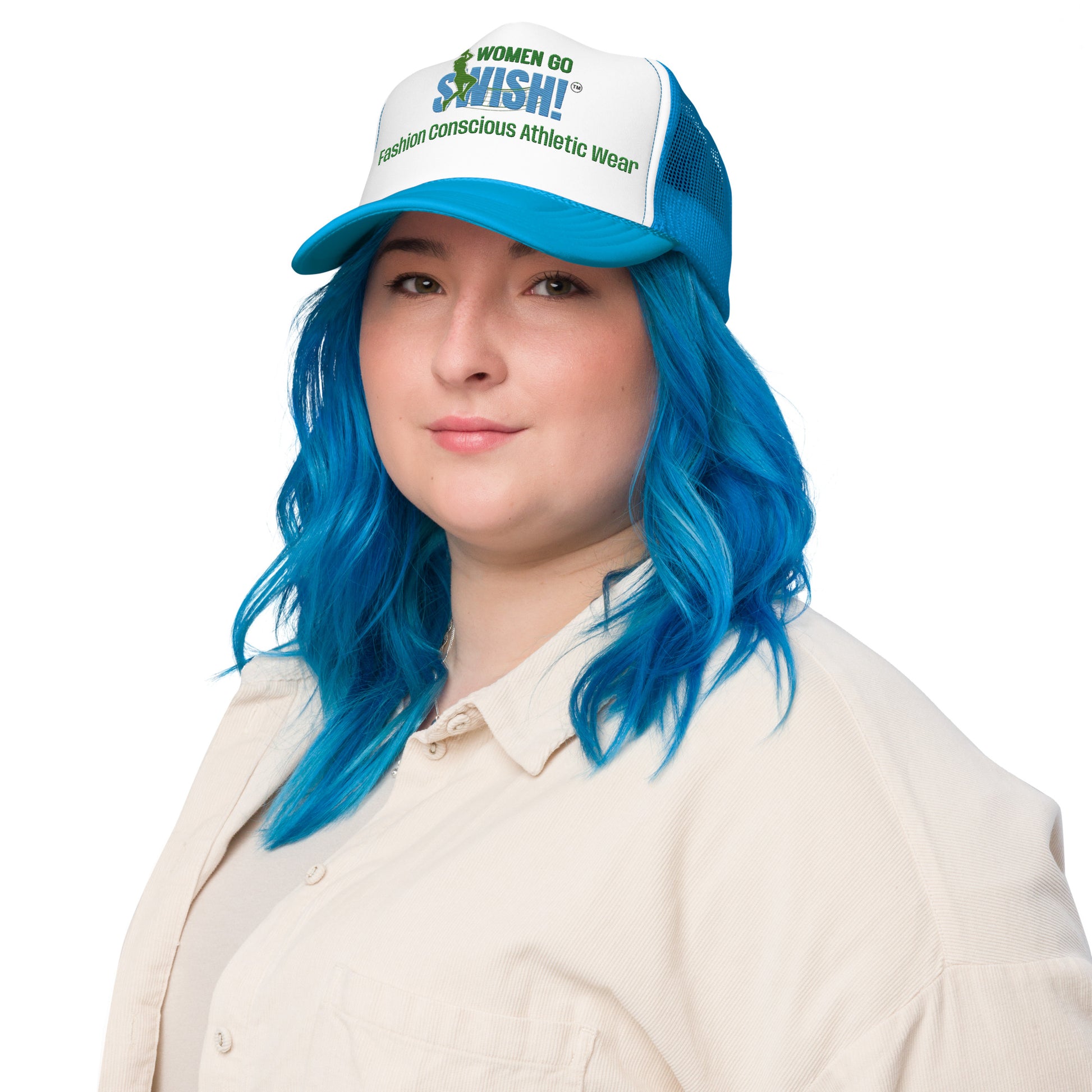 Women Go Swish Embroidered Trucker Hat Add a touch of fashion to your look with this stylish Women Go Swish embroidered foam trucker hat! Made with high-quality polyester and foam, it has a premium appearance and sensation. With an adjustable snap and mes
