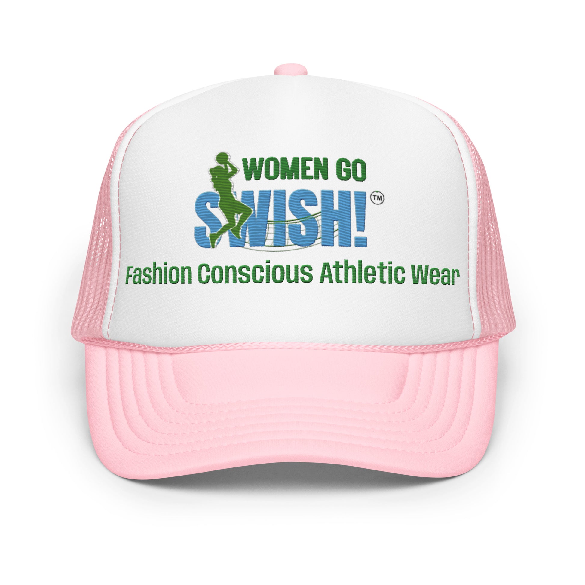 Women Go Swish Embroidered Trucker Hat Add a touch of fashion to your look with this stylish Women Go Swish embroidered foam trucker hat! Made with high-quality polyester and foam, it has a premium appearance and sensation. With an adjustable snap and mes